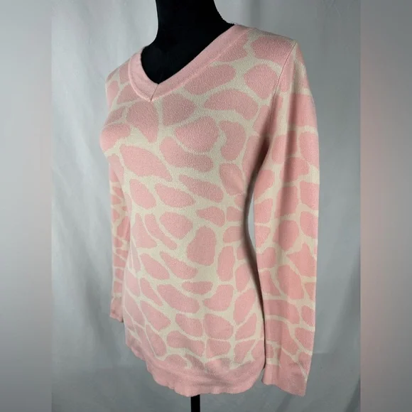 Belle by Kim Gravel Pink Animal Print V Neck Sweater - Picture 3 of 6